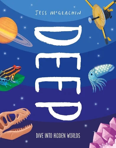 Book cover of 'DEEP' by Jess McGeachin with space-themed illustrations on a blue background.