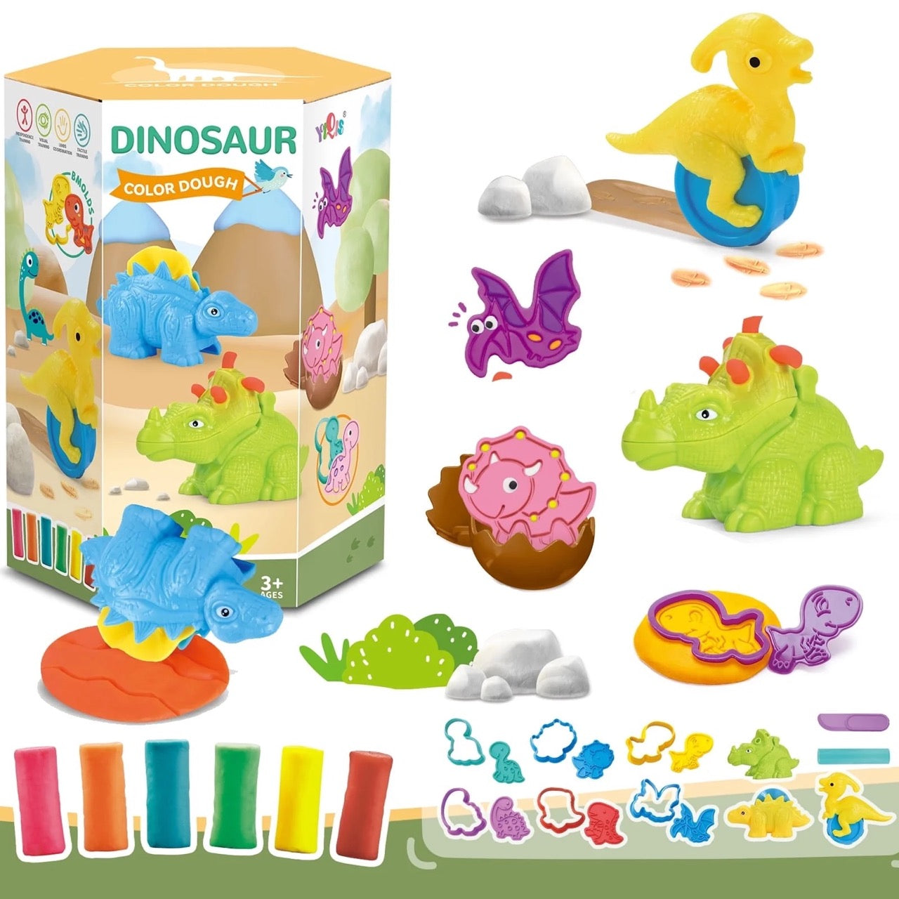 Dinosaur-themed color dough set with packaging and toys on a white background