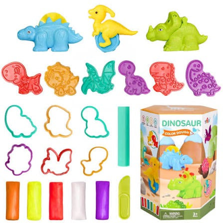 Colorful dinosaur toys with a box labeled 'Dinosaur Color Doodle' on a white background.