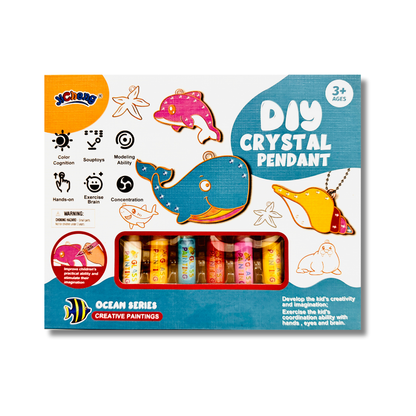 DIY Crystal Pendant ocean themed kit packaging with colorful crystals and ocean-themed illustrations on a white background.