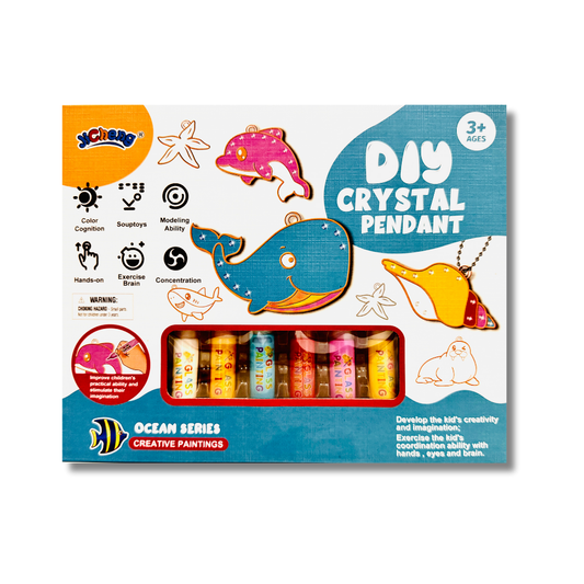 DIY Crystal Pendant ocean themed kit packaging with colorful crystals and ocean-themed illustrations on a white background.