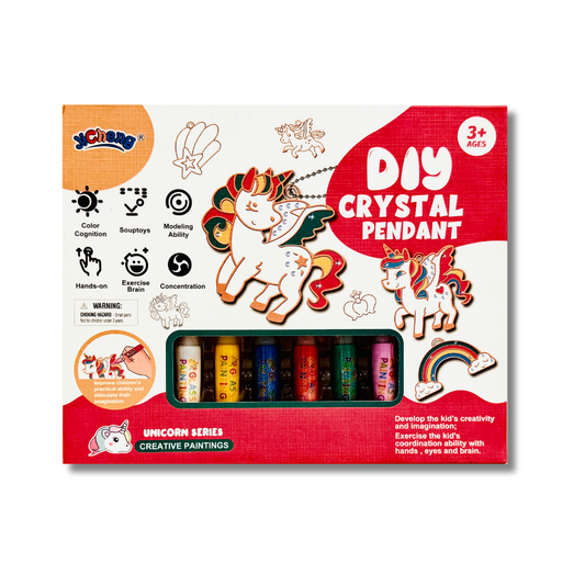 Box of DIY crystal pendant kit with unicorn design on a white background