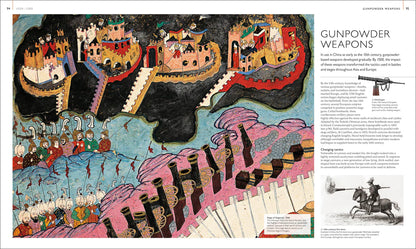 Illustration of gunpowder weapons in a historical context with text on the right.