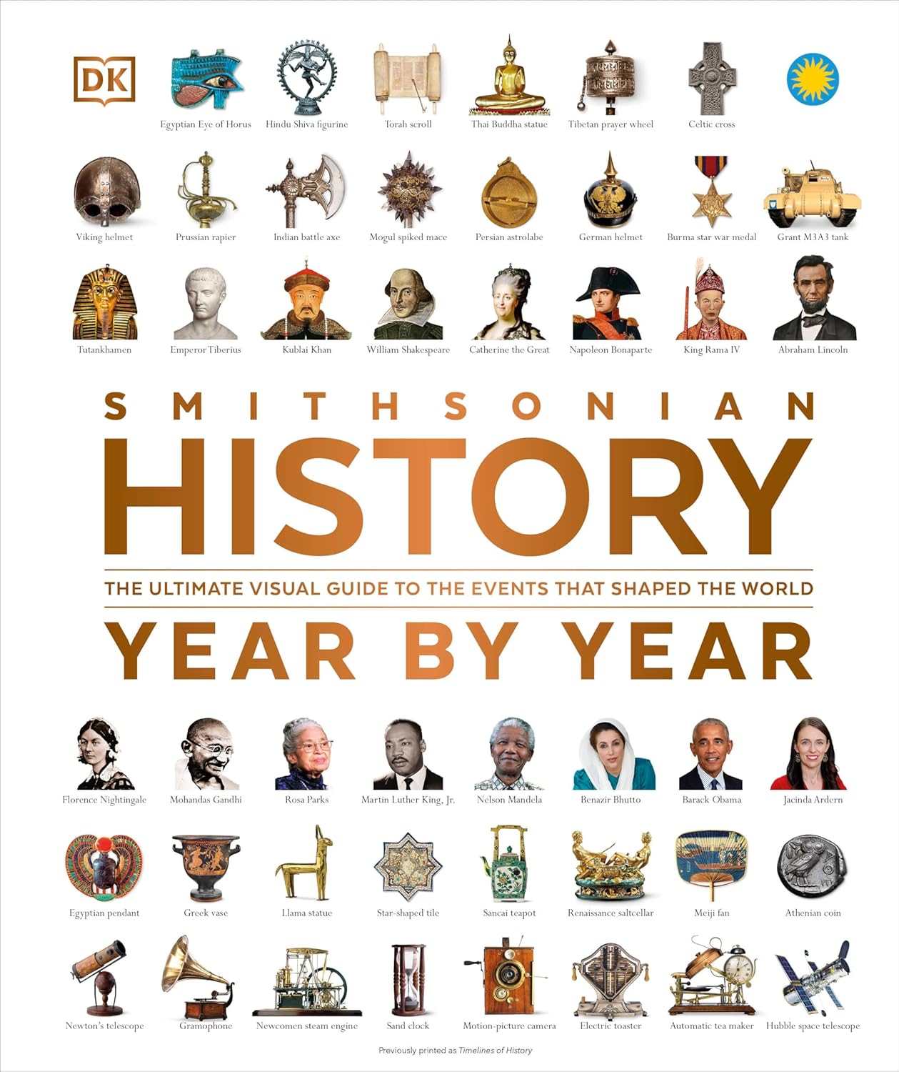 Book cover of 'Smithsonian History Year by Year' with illustrations and text.