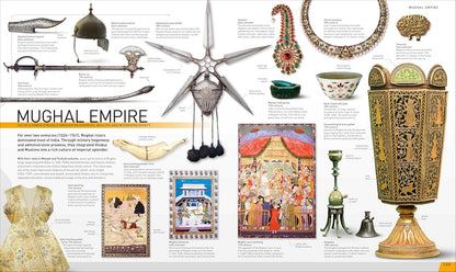 Illustrated spread from a book or magazine about the Mughal Empire featuring various artifacts and artworks.