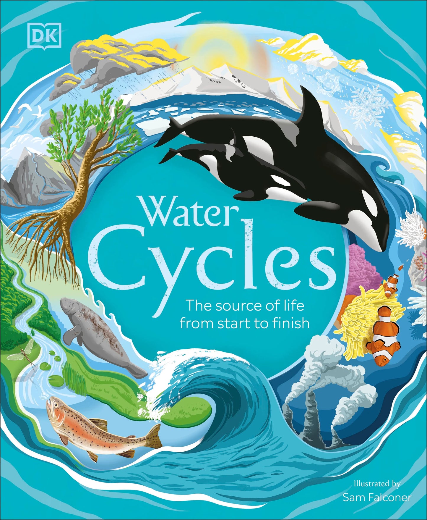 Book cover of 'Water Cycles' with illustrations of orca, coral, and trees on a blue background.