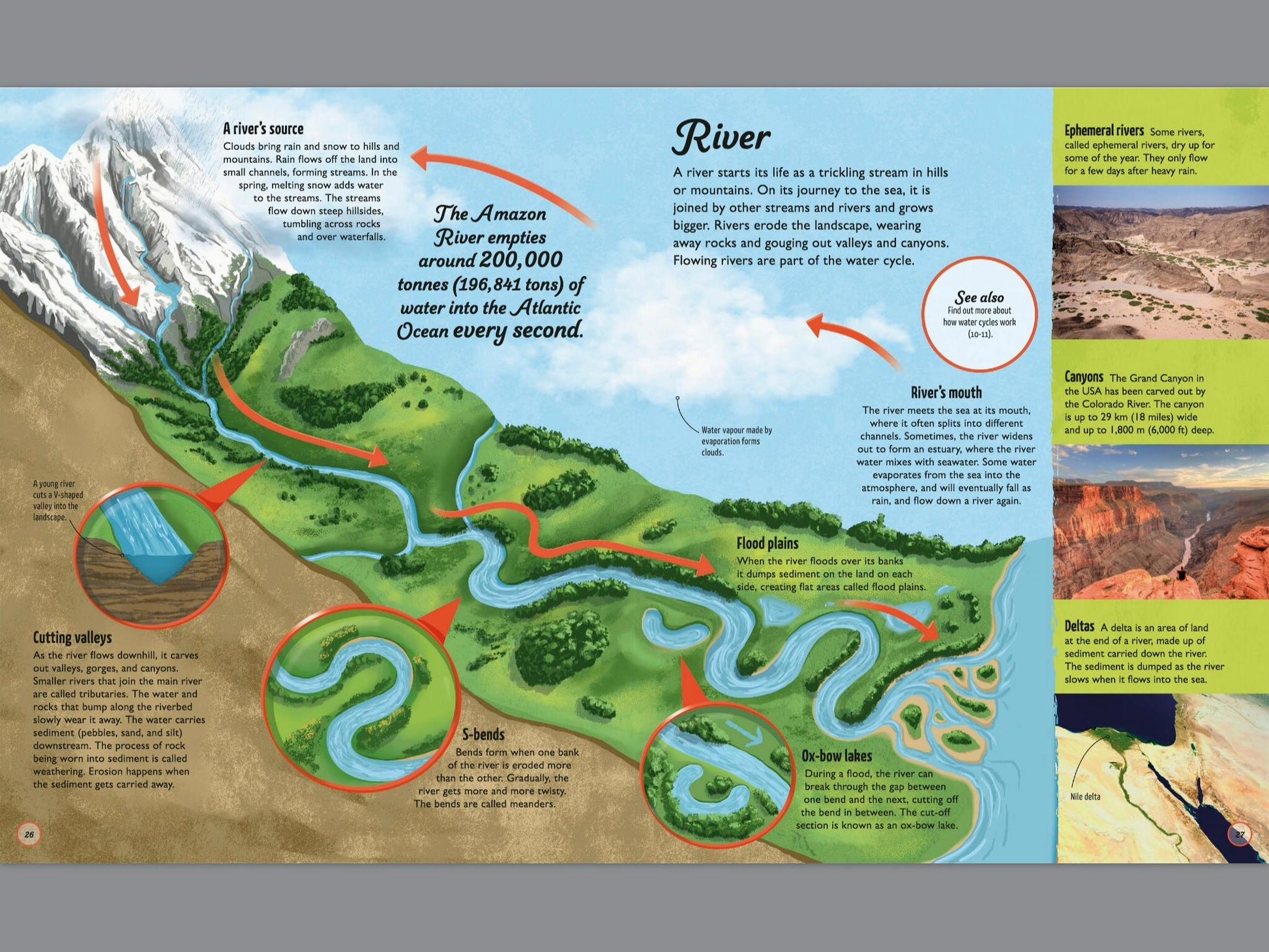 Educational diagram of a river system with text and arrows