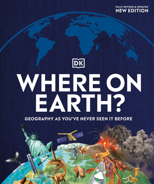 Book cover of 'Where on Earth?' with a world map and various geographical elements.