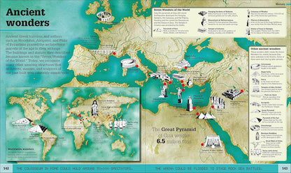 Map of ancient world wonders with illustrations and text