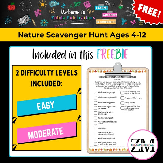 Nature Scavenger Hunt for ages 4-12 with difficulty levels on a colorful background