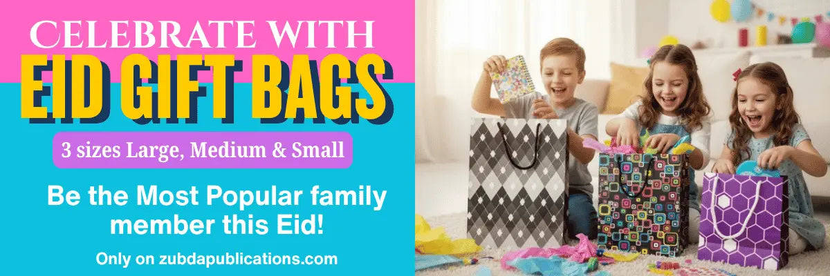 Children opening gift bags with promotional text for Eid gift bags on a colorful background.