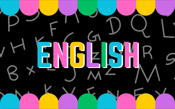 Colorful 'ENGLISH' text on a black background with alphabet letters.
