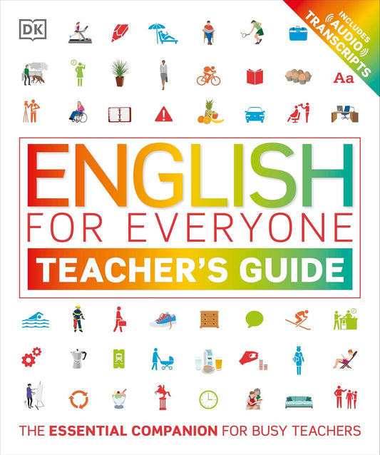 Book cover of 'English for Everyone Teacher's Guide' with colorful text and icons.