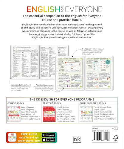 Back cover of a book titled 'English for Everyone' with text and images of pages.