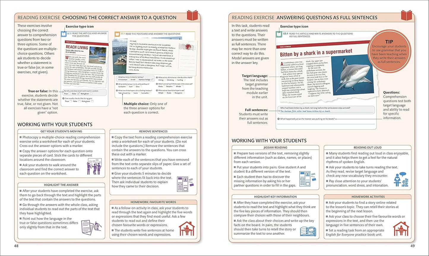 Educational book or workbook with reading exercises and tips on answering questions as full sentences.