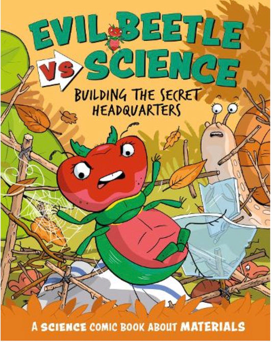Book cover of 'Evil Beetle vs Science' with cartoon beetle and scientist characters.