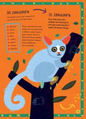 Illustration of a lemur on a tree branch with text and decorative elements on an orange background