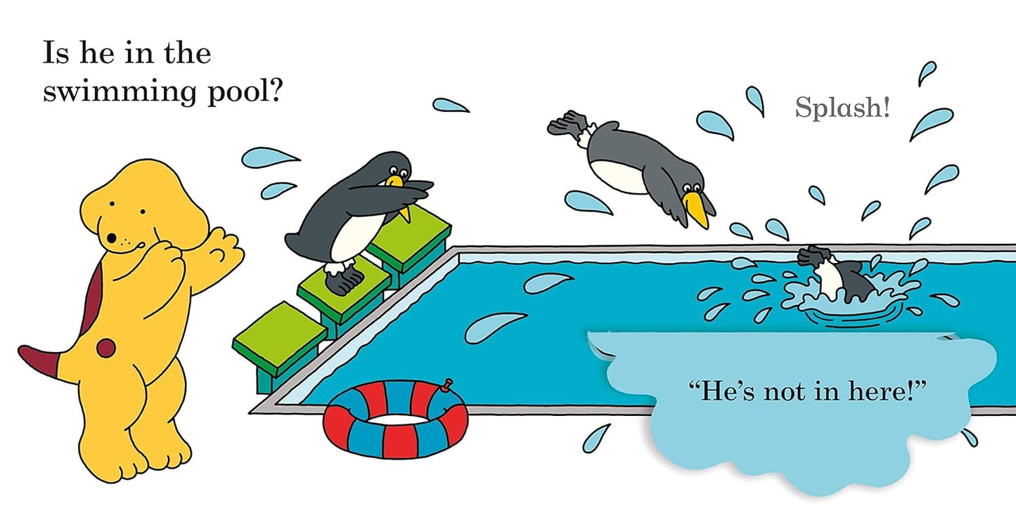 Illustration of a dog and penguins by a pool with text indicating a search for someone not in the pool.