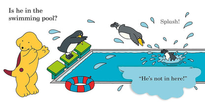 Illustration of a dog and penguins by a pool with text indicating a search for someone not in the pool.