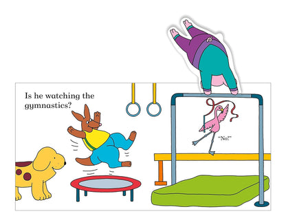 Cartoon illustration of animals at a playground with text questioning if they are watching gymnastics.