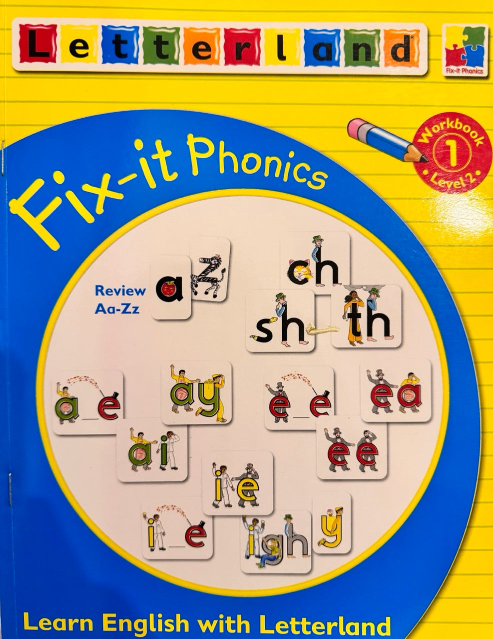 Book cover of 'Fix-it Phonics' by Letterland with colorful letters and a pencil illustration.
