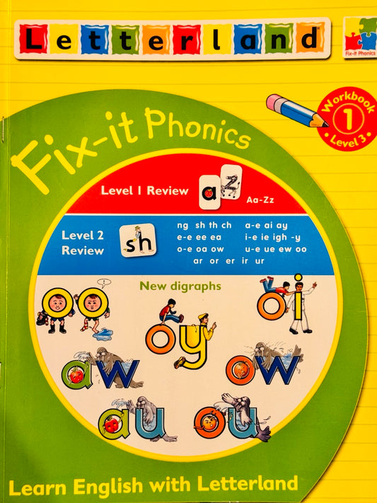 Book cover of 'Fix-it Phonics' by Letterland with colorful letters and illustrations.