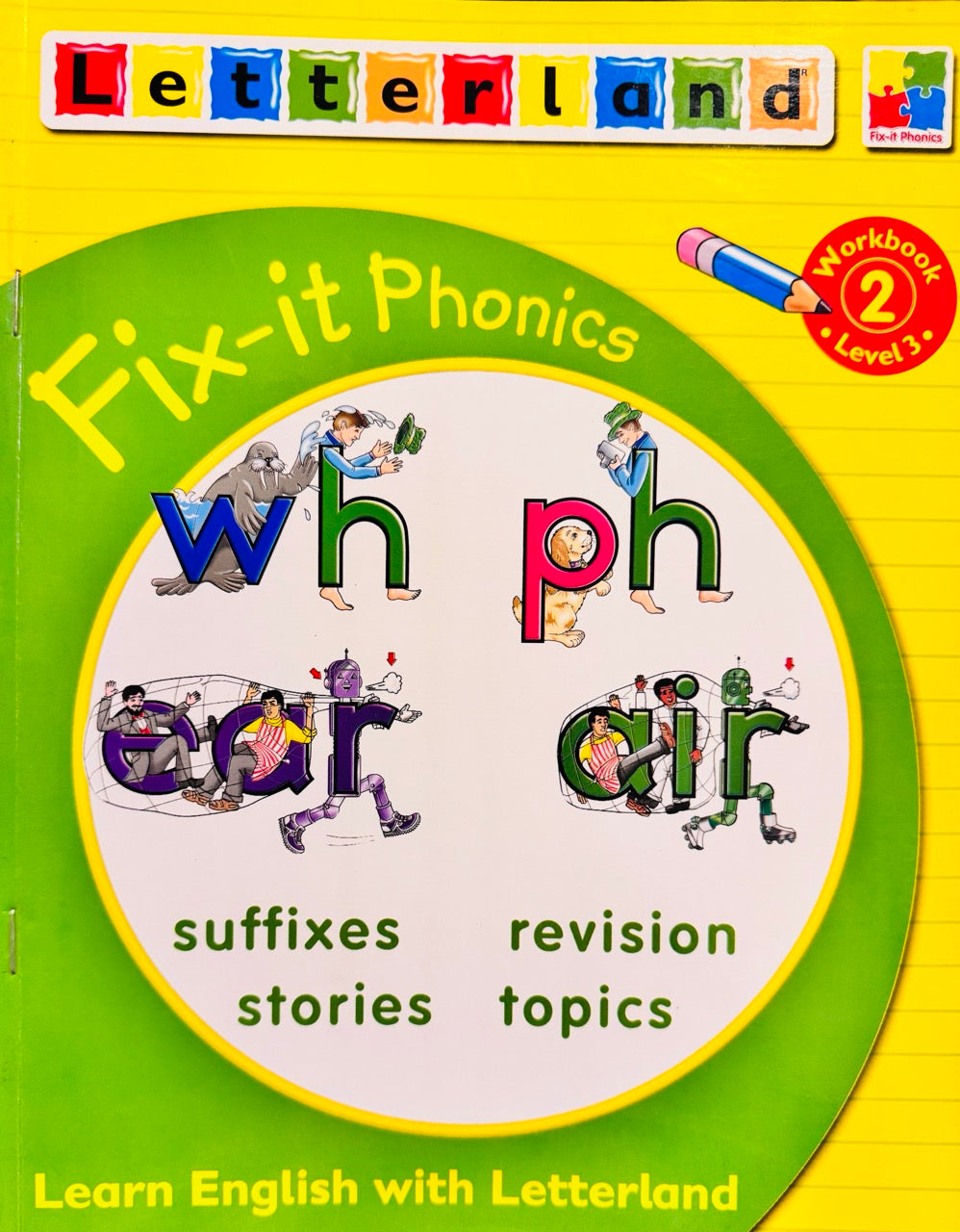 Book cover of 'Fix-it Phonics' by Letterland with colorful text and illustrations.