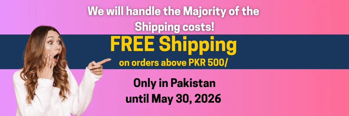 Promotional banner for free shipping offer in Pakistan with a woman pointing to text.