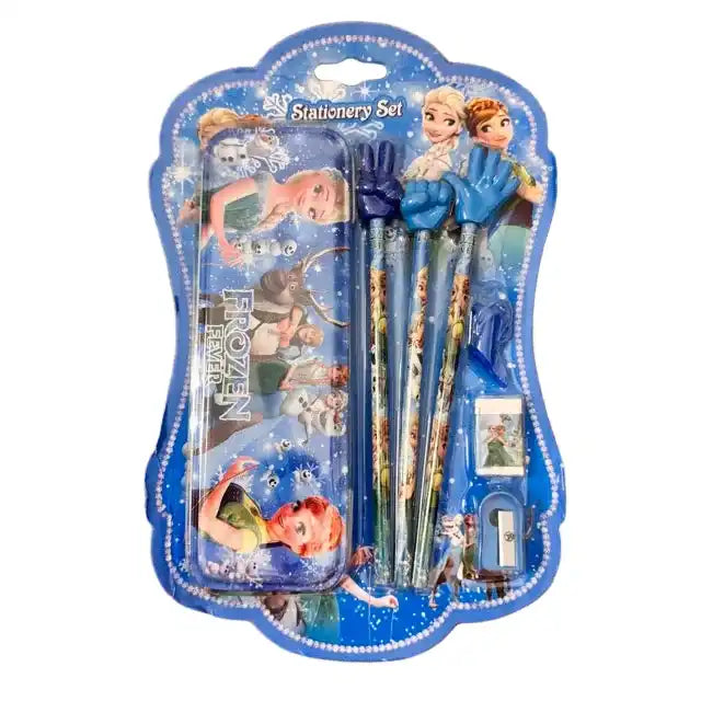 Frozen-themed stationery set in packaging with pencils, eraser, and ruler.