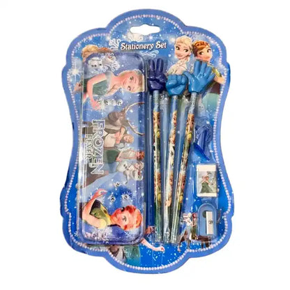 Frozen-themed stationery set in packaging with pencils, eraser, and ruler.