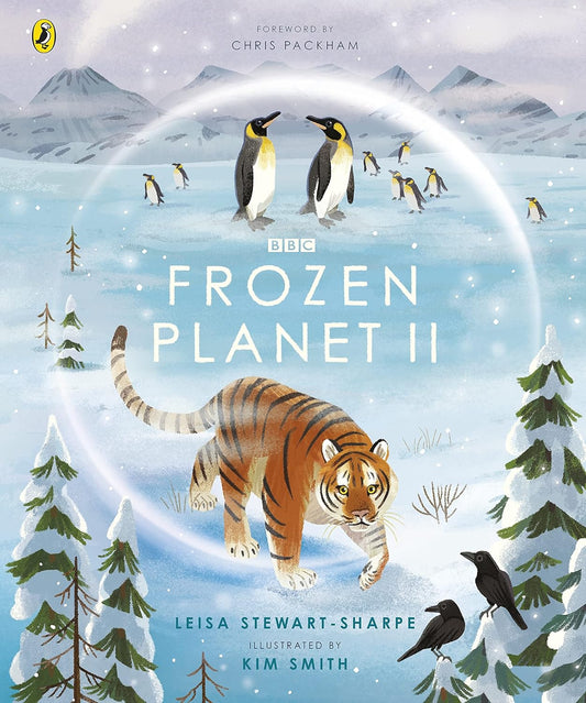 Book cover of 'Frozen Planet II' featuring a tiger and penguins in a snowy landscape.