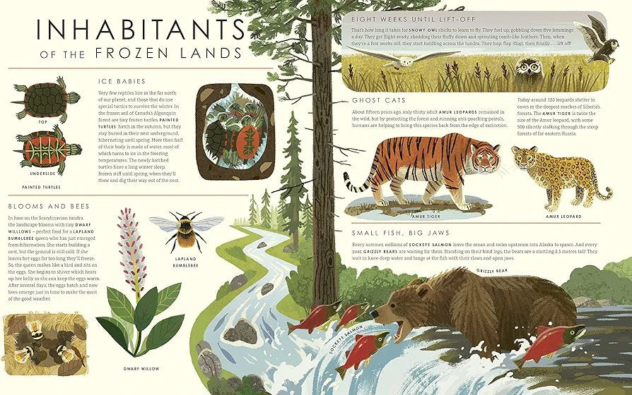 Illustration of frozen land inhabitants with animals, plants, and text.