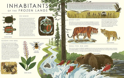 Illustration of frozen land inhabitants with animals, plants, and text.