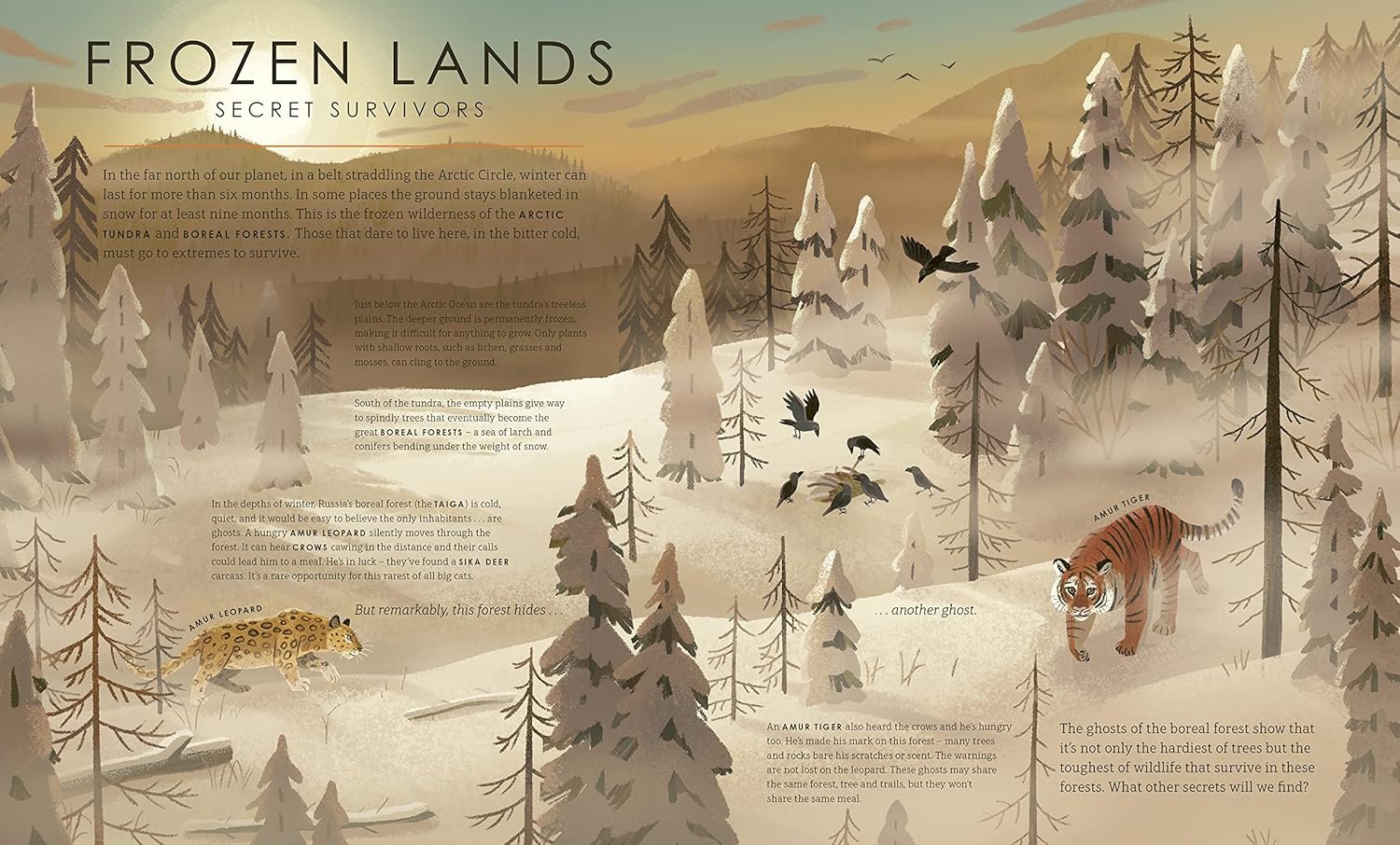 Illustration of a snowy landscape with trees and animals, featuring the text 'Frozen Lands: Secret Survivors'.