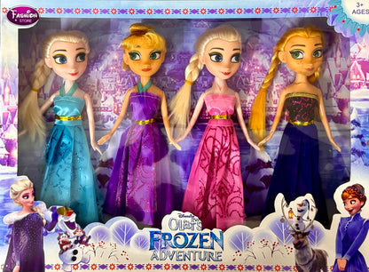 Four dolls in dresses with 'Frozen' branding on a decorative background