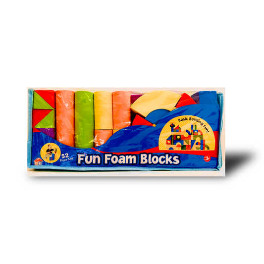 Pack of colorful foam blocks with a brand logo on a white background