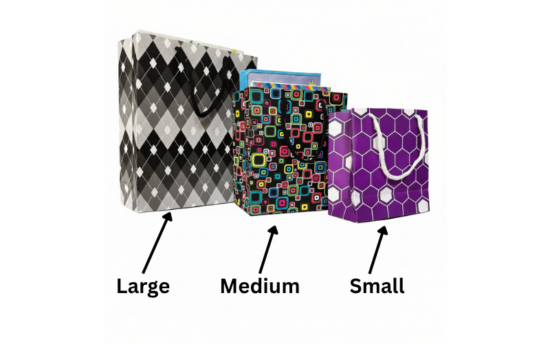 Three shopping bags labeled 'Large', 'Medium', and 'Small' with different patterns on a white background.