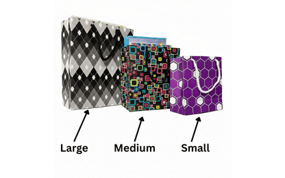 Three shopping bags labeled 'Large', 'Medium', and 'Small' with different patterns on a white background.