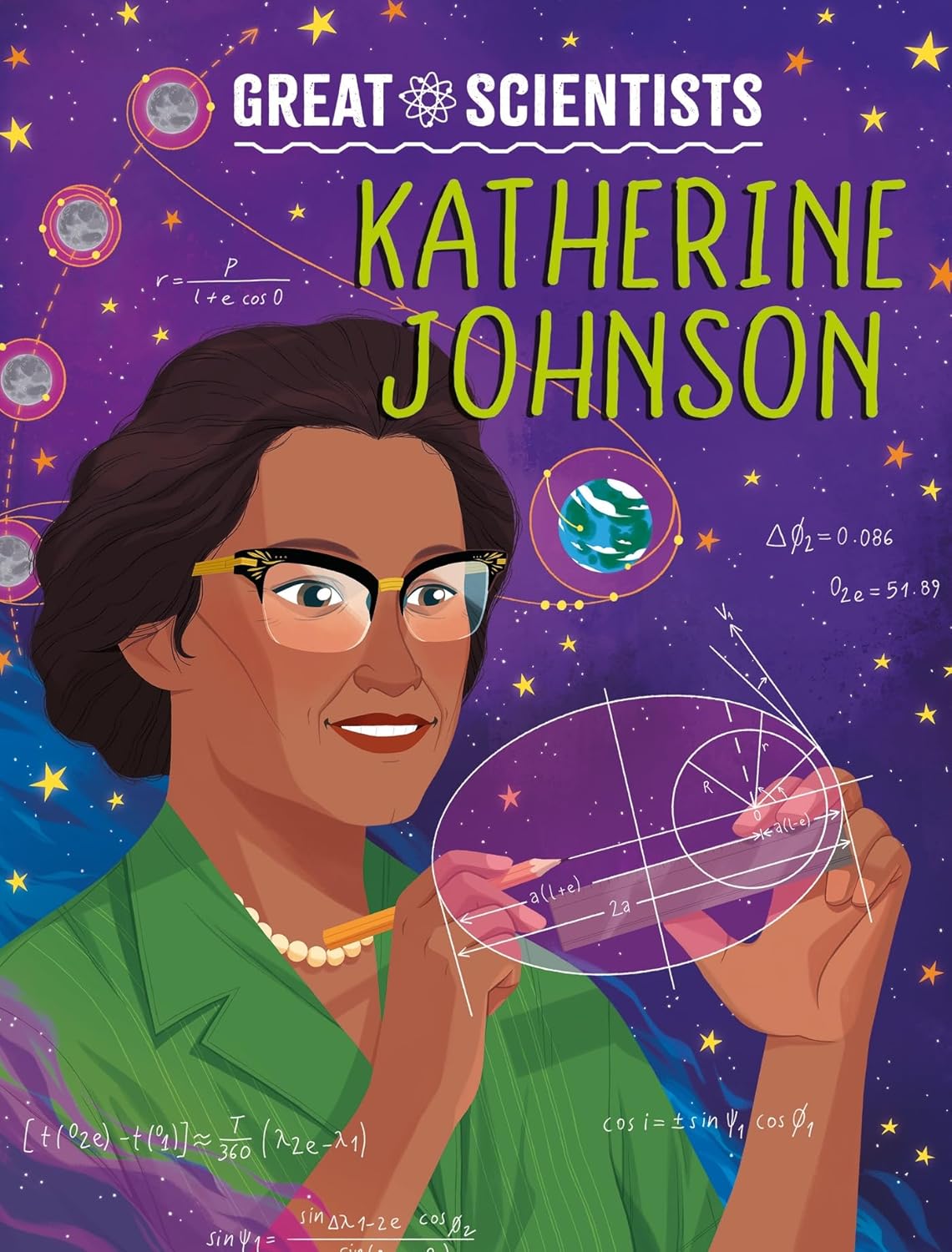 Book cover featuring Katherine Johnson with space-themed background