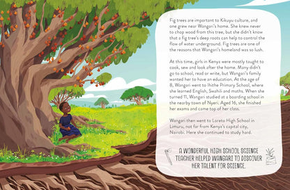 Illustration of a child under a fig tree with text about Kikuyu culture and Wangani's education journey.