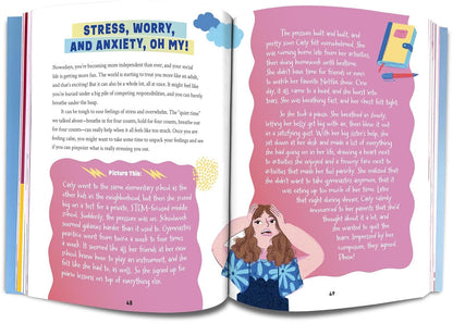 Open book showing a page about stress, worry, and anxiety with a colorful illustration on a white background.