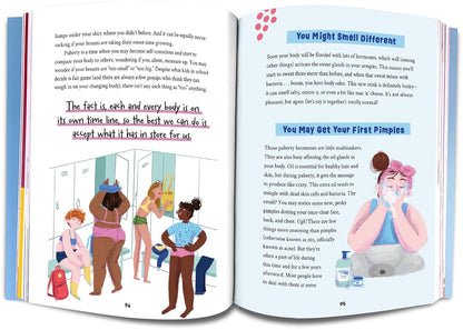 Open book showing pages about puberty with illustrations and text.
