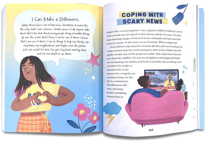 Open book with illustrations and text on coping with scary news