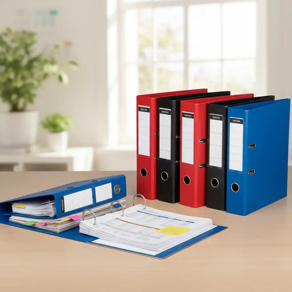 large binders standing on a wood desk with one binder open filled with notes