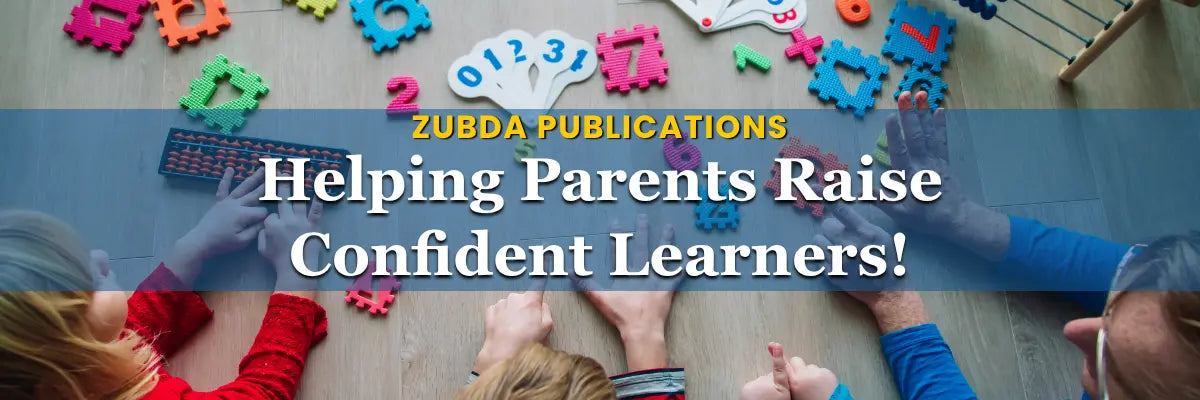 Children playing with educational toys and materials on a wooden floor, with text about Zubda Publications.