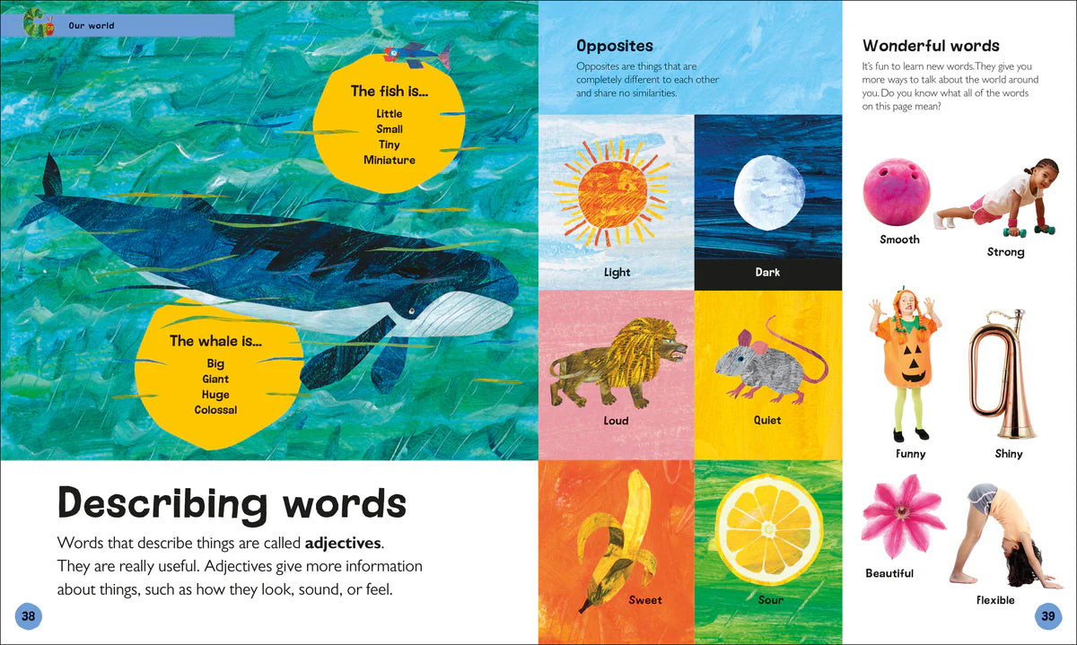 Educational children's book page with illustrations and text on describing words and opposites.