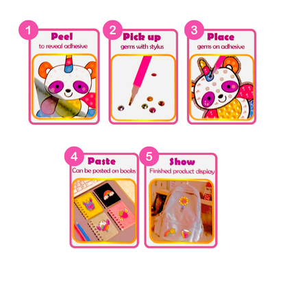 Step-by-step guide for applying decorative gems with a panda design on a white background.