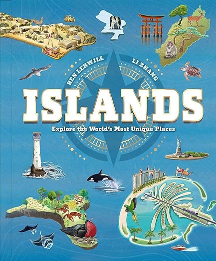 Book cover of 'Islands' by Ben Jefferies and Li Zhang with illustrations of various islands on a blue background.