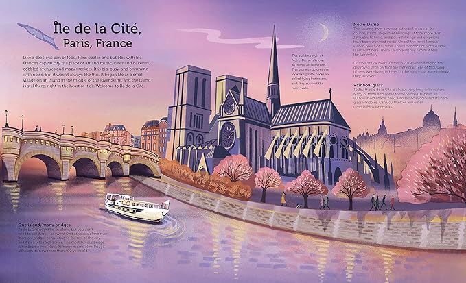 Illustration of Île de la Cité in Paris, France with a bridge and cathedral.
