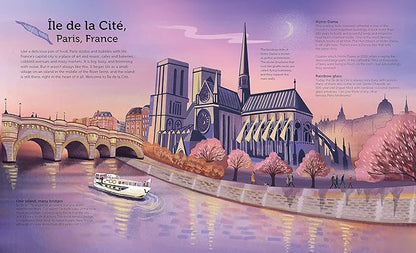 Illustration of Île de la Cité in Paris, France with a bridge and cathedral.